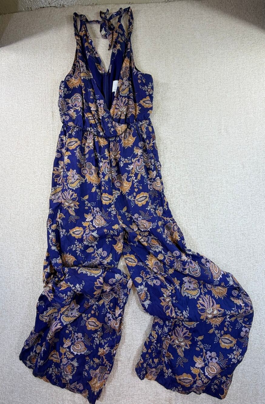ETT:TWA Womens Small Blue Gold Floral Print Spaghetti Strap Jumpsuit Boho Resort